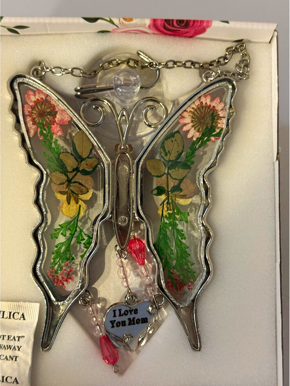 KY & BOSAM Butterfly Suncatcher I Love You Mom Pressed Flowers Gift New in Box